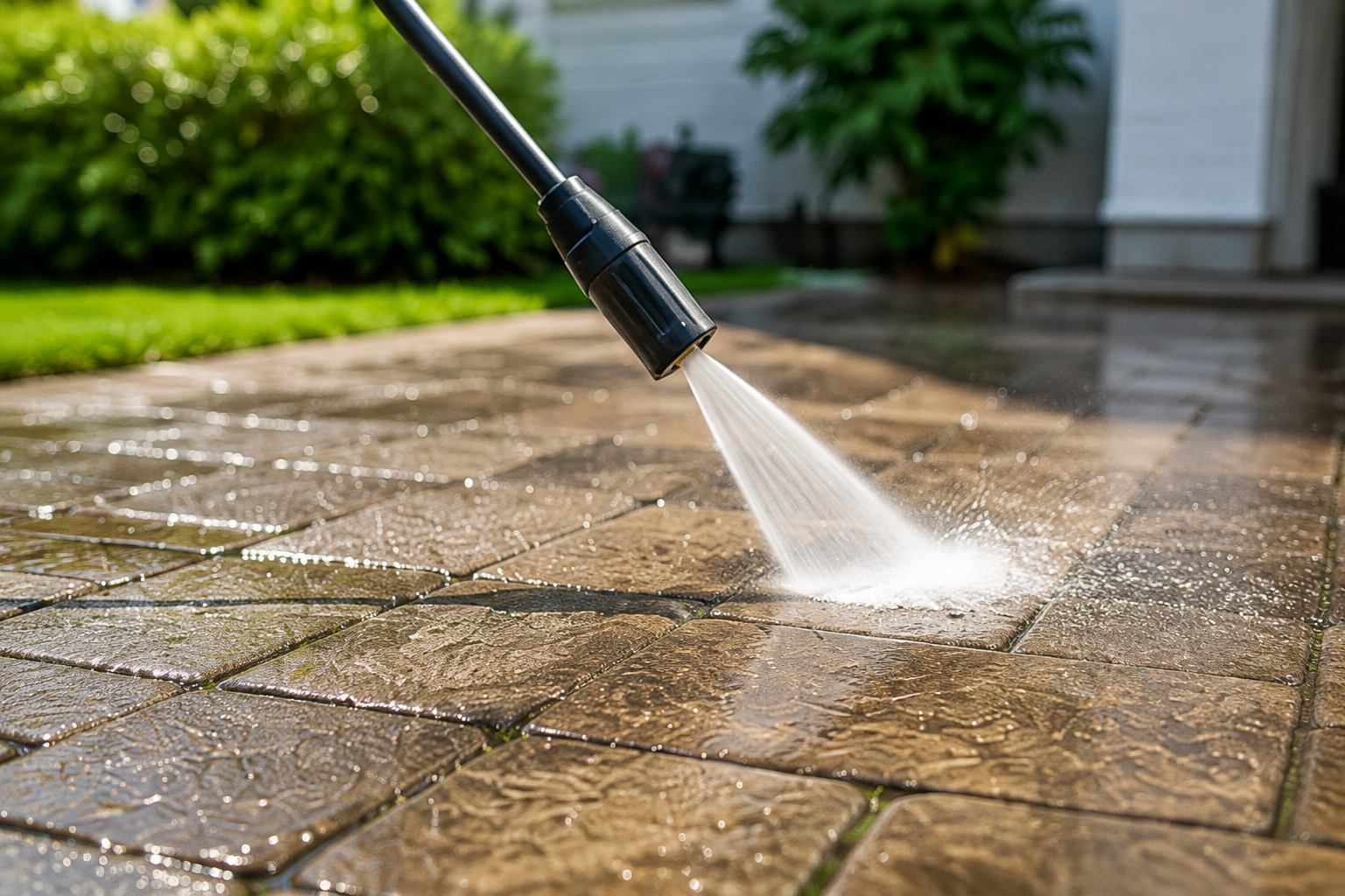 Pressure washer spraying water across a paver surface