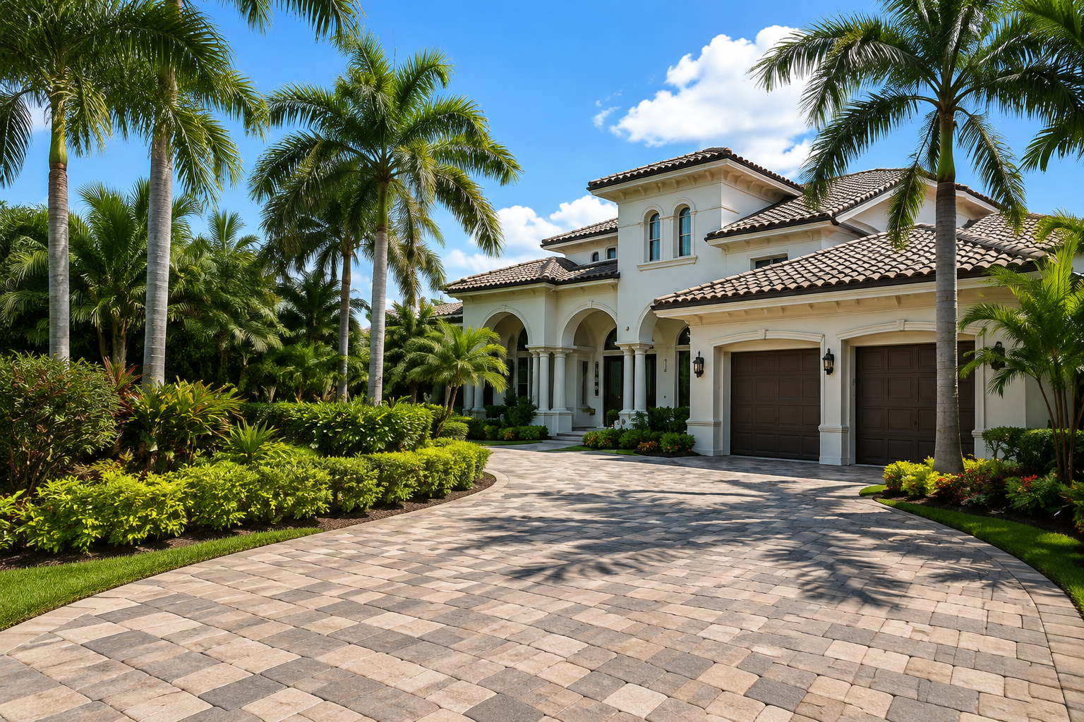 Mediterranean-style home with palm trees and a clean paver driveway